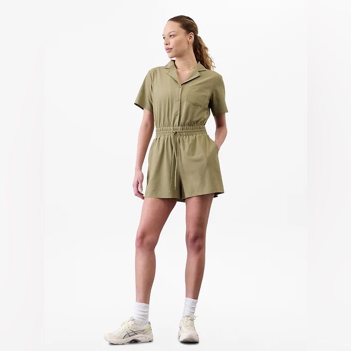 Athleta Avenue Utility Style Button Up Romper With Cinch Waist In Olive Branch